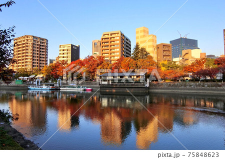 平和記念公園から見た夕日に染まる秋の広島市街 75848623