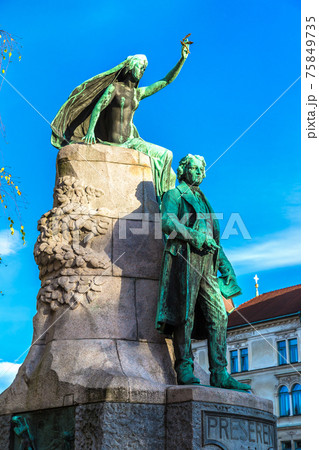Sculpture of poet Preseren in Ljubljana Sculpture of poet Preseren in Ljubljana 75849735