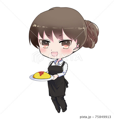 イラスト素材 料理を運ぶエプロンをした店員の女性のイラスト素材