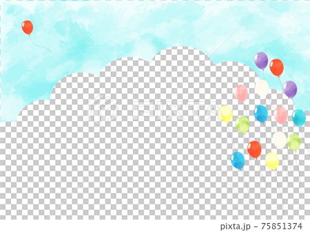 青空に飛ぶたくさんの風船と雲 横 背景フレーム 水彩風のイラスト素材