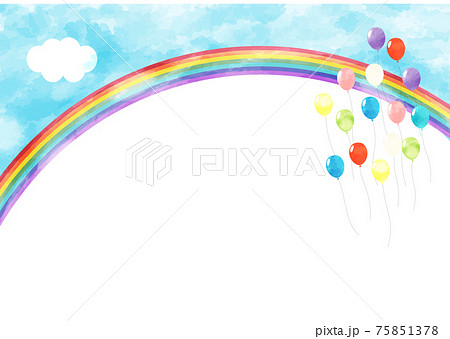 青空に飛ぶカラフルな風船と虹 横 背景 フレーム 水彩風 青空に飛ぶカラフルな風船と虹 横 背景 フレーム 水彩風 75851378