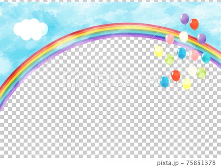 青空に飛ぶカラフルな風船と虹 横 背景 フレーム 水彩風 青空に飛ぶカラフルな風船と虹 横 背景 フレーム 水彩風 75851378