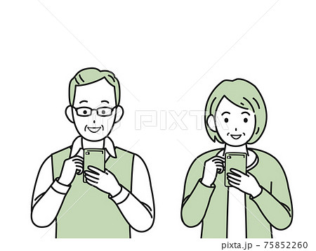 スマートフォン　操作　使う　老夫婦　シニア　高齢者　男女　電話　イラスト素材 75852260