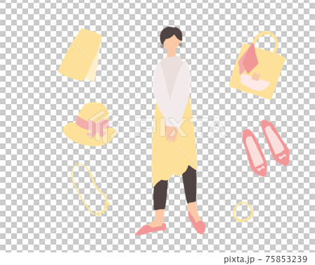 黄色い服を着た女性の靴やバッグなどのコーディーネート 75853239