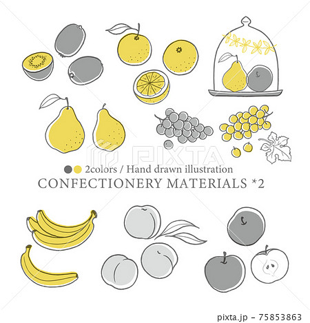 いろいろなフルーツの線描きイラスト 素朴なタッチのイラスト素材