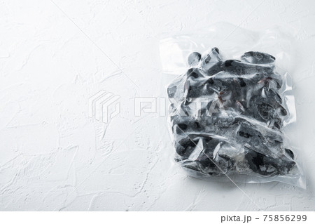 Frozen mussels in sash, on white background , with copyspace and space for text Frozen mussels in sash, on white background , with copyspace and space for text 75856299