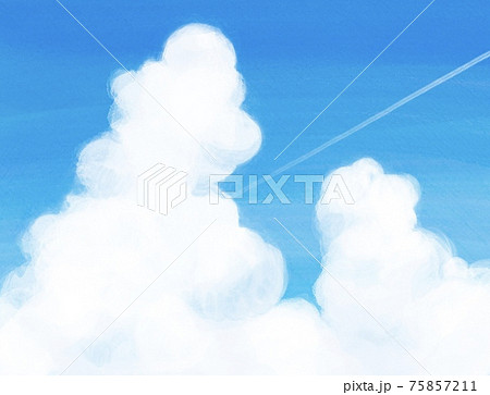 積乱雲とあざやかな青空に飛行機雲のイラスト素材