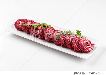 Isolated sliced beetroot appetizer roll platter 75857835
