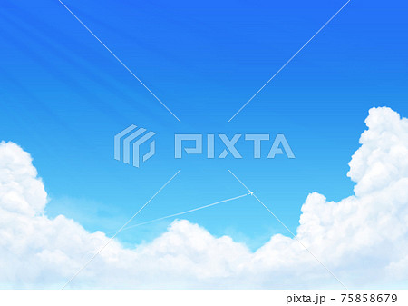 快晴の青空と飛行機雲のイラストのイラスト素材