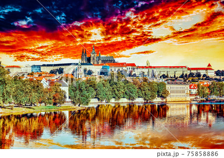 View of Prague Castle from waterfront Vltava river in Prague.Czech Republic. View of Prague Castle from waterfront Vltava river in Prague.Czech Republic. 75858886
