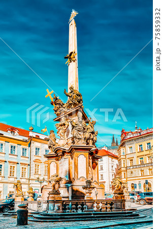 PRAGUE, CZECH REPUBLIC-SEPTEMBER 05, 2015:Marian columns are religious monuments built in honour of the Blessed Trinity, often in thanksgiving for the ending of a plague-and known as plague columns in 75859332