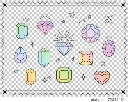 Hand-drawn style illustration of jewels, star icon, frame set 75859461