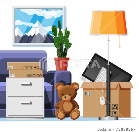 Sofa with cardboard boxes with household items 75859567