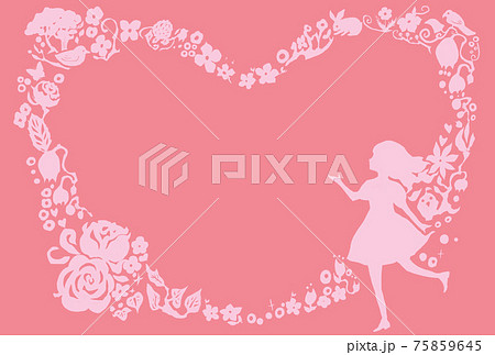 ハートの花と少女の切り絵風シルエットのフレームイラスト 横のイラスト素材