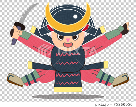 飛んでいるかわいい男の子のキャラクターで元気な日本のサムライのイラスト素材