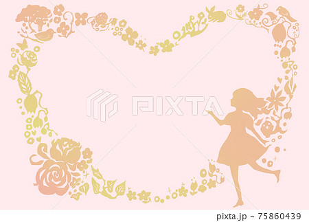 ハート形のシルエットの花と少女のかわいいフレームイラスト 横のイラスト素材