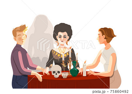 Woman as Fortune Teller or Psychic at Table with Candle and Skull Performing Occult Ritual with Clients Vector Illustration Woman as Fortune Teller or Psychic at Table with Candle and Skull Performing Occult Ritual with Clients Vector Illustration 75860492