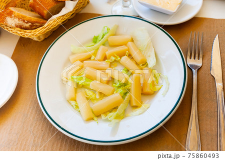 Vegetarian dish boiled asparagus served with mayonnaise Vegetarian dish boiled asparagus served with mayonnaise 75860493