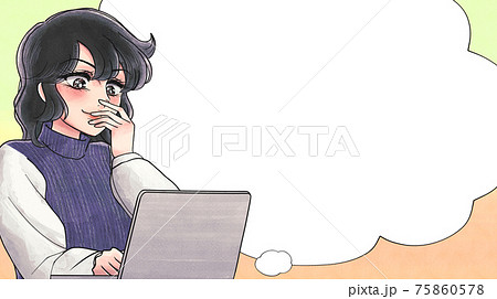 少女漫画あるある表現 パソコン作業中に笑顔になる人 ふきだしバナーのイラスト素材