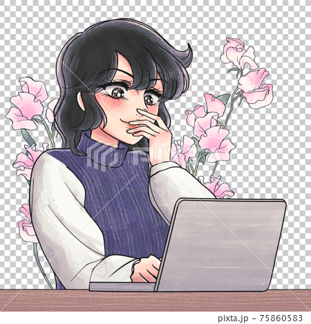 少女漫画あるある表現 パソコン作業中に笑顔になる人 花を背負うのイラスト素材