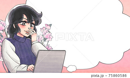 少女漫画あるある表現 パソコン作業中に笑顔になる人 花とふきだしバナーのイラスト素材