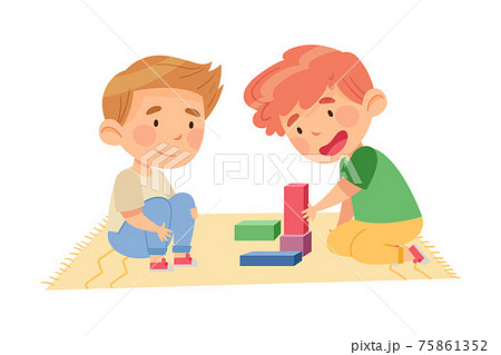 Cute Boys Sitting on the Floor and Playing Construction Toy in Kindergarden Vector Illustration 75861352