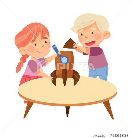 Interested Little Boy and Girl at Table Making Rocket Model from Cardboard in Kindergarden Vector Illustration 75861353