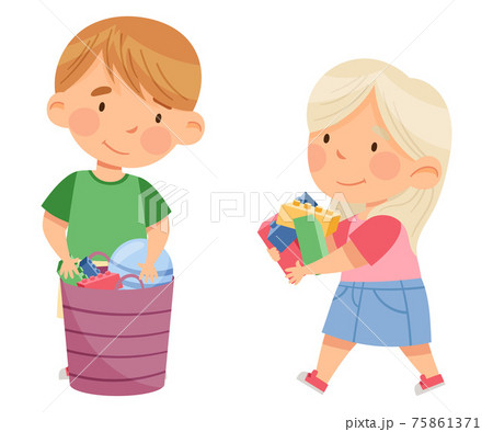 Little Boy and Girl Gathering Toys in Basket in Kindergarden Vector Illustration 75861371