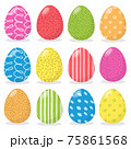Happy Easter. Set of easter eggs with different texture on a white background. Colourful Happy Easter eggs set isolated. Editable EPS 10. Flat style. 75861568