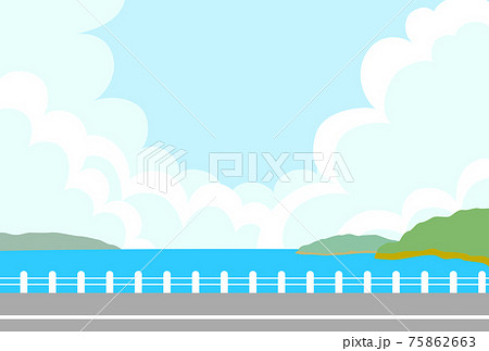 もくもくの入道雲と海 島の背景イラスト はがきサイズのイラスト素材 もくもくの入道雲と海 島の背景イラスト はがきサイズのイラスト素材