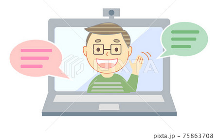 パソコンを通じて話す笑顔の若者 パソコンを通じて話す笑顔の若者 75863708