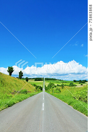 北海道　夏の青空と道 75863868