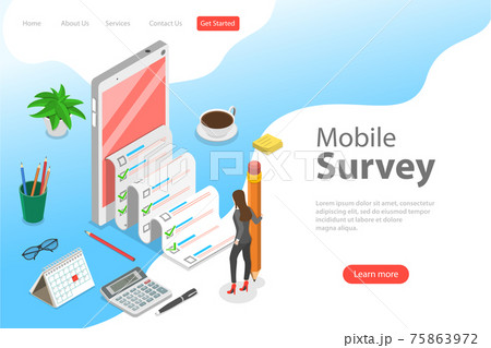 Flat isometric vector landing page template of mobile survey, customer review. Flat isometric vector landing page template of mobile survey, customer review. 75863972