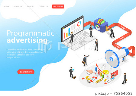 Flat isometric vector landing page template of programmatic advertising. Flat isometric vector landing page template of programmatic advertising. 75864055