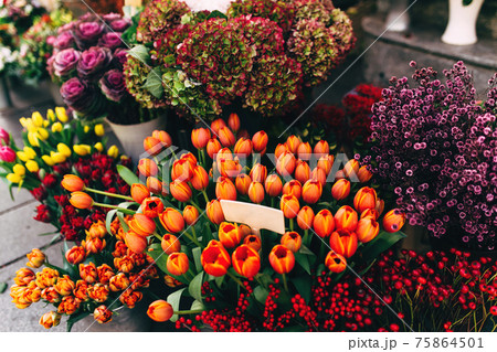 Different flowers in a shop show window with blank price tags 75864501