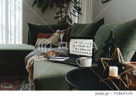 Laptop on the green sofa. Work from home. Loft or modern interior 75864534
