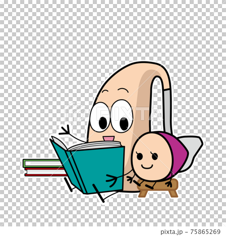 Illustration of a hearing aid character reading Illustration of a hearing aid character reading 75865269