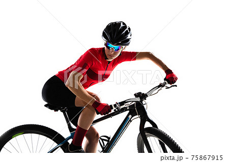 Professional female bike rider with road bike isolated over white background. 75867915