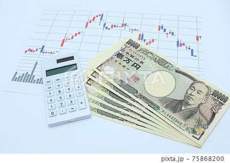 【株・為替・投資・日経平均などに関する記事のサムネイルに】日経平均チャートと一万円札六枚と電卓 75868200