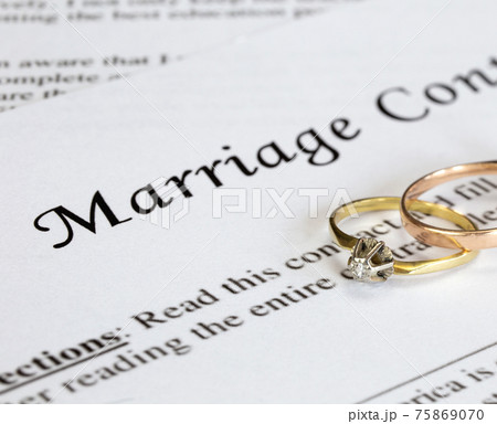 Marriage contract with two golden wedding rings and gold pen, prenuptial agreement, macro close up, sign with signanture,document,agreement concept 75869070