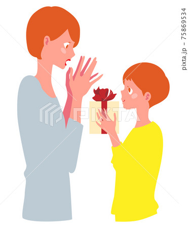 プレゼントを渡す男の子と喜んで受け取る女性のイラスト素材 プレゼントを渡す男の子と喜んで受け取る女性のイラスト素材