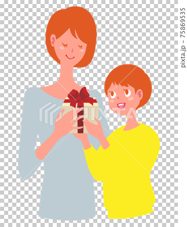 プレゼントを渡す男の子と喜んで受け取る女性のイラスト素材