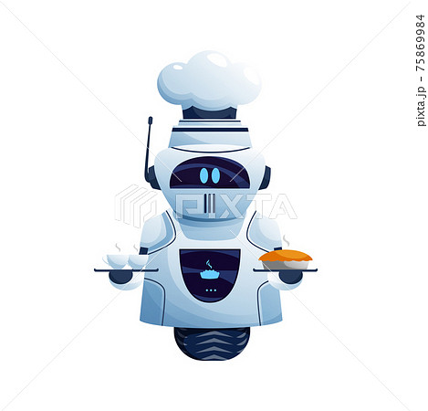 Single wheel robot cooker in chef cap with food 75869984