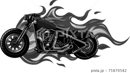 design of burning motorcycle engulfed in fierce fiery flames and fire exploding sparks 75870582