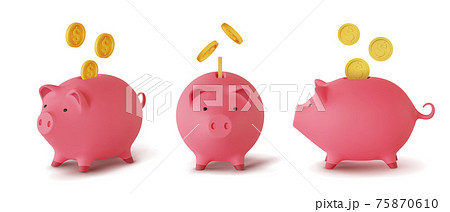 Set 3d realistic moneybox in the form of a pig and coins falling, isolated on white background, vector illustration 75870610