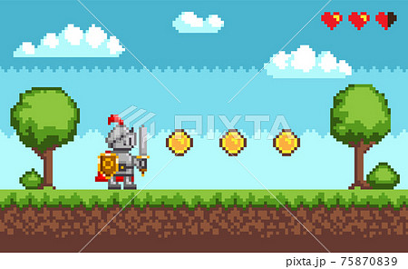 Pixel-game knight brave character in armor. Natural landscape with warrior holding shield and sword 75870839