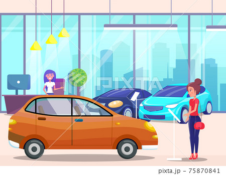 Car center, woman customer buyer choosing automobile in store. Female character examines transport Car center, woman customer buyer choosing automobile in store. Female character examines transport 75870841