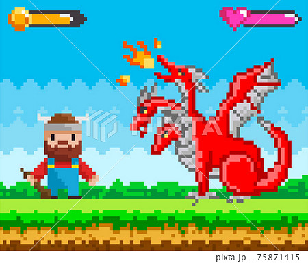 Pixelated natural landscape with brave viking holding club fighting against red three-headed dragon 75871415