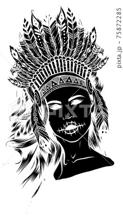 black silhouette of Beautiful girl in a headdress of North American Indians. 75872285