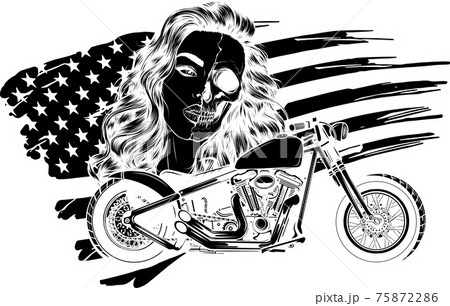 black silhouette of vector illustation vintage chopper motorcycle with woman face and american flag black silhouette of vector illustation vintage chopper motorcycle with woman face and american flag 75872286